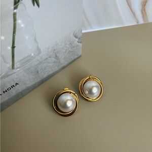 Gold-Tone Pearl Button Earrings - Classic White Pearlescent Studs
